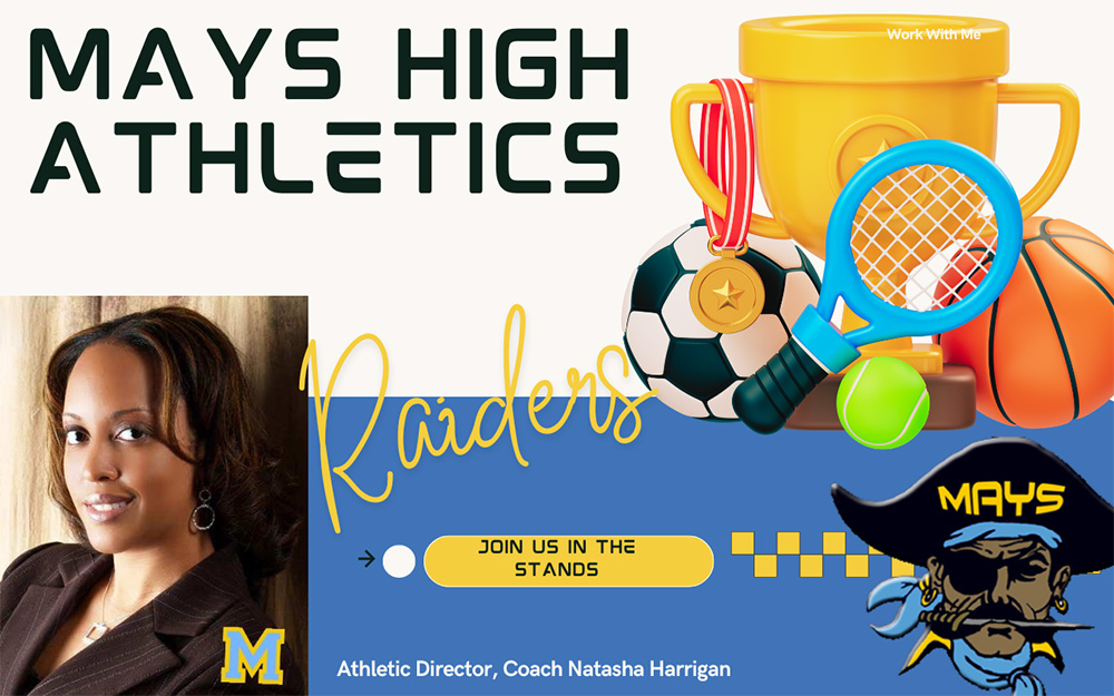 promotion image of Atletic director Hannigan with an image of a gold trophy in the upper right and a pirate holding a knife in his teeth on the lower right