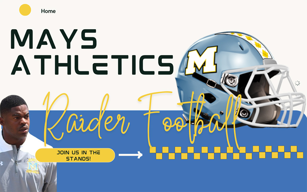 Football coach on the lower left of the image and a football helmet with an M on the side