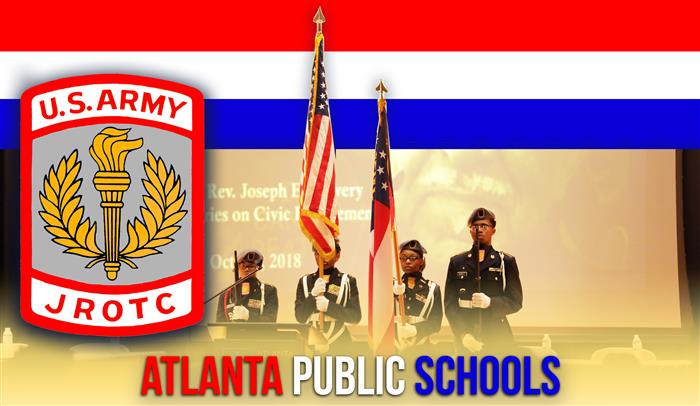 JROTC Banner featuring the U.S. Army JROTC crest and image of student cadets during  US pledge. 