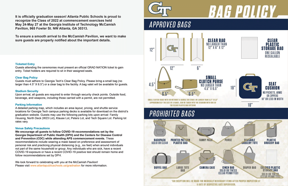 2022 Atlanta Public Schools graduation and Ga Tech Bag Policy