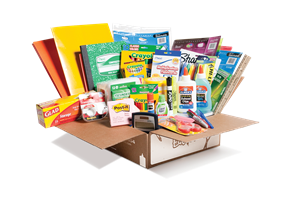 box of school supplies 