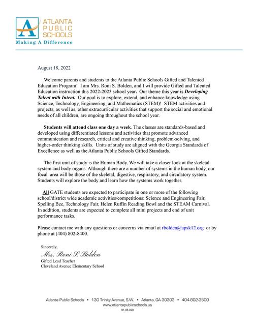 Gifted & Talented Welcome Letter