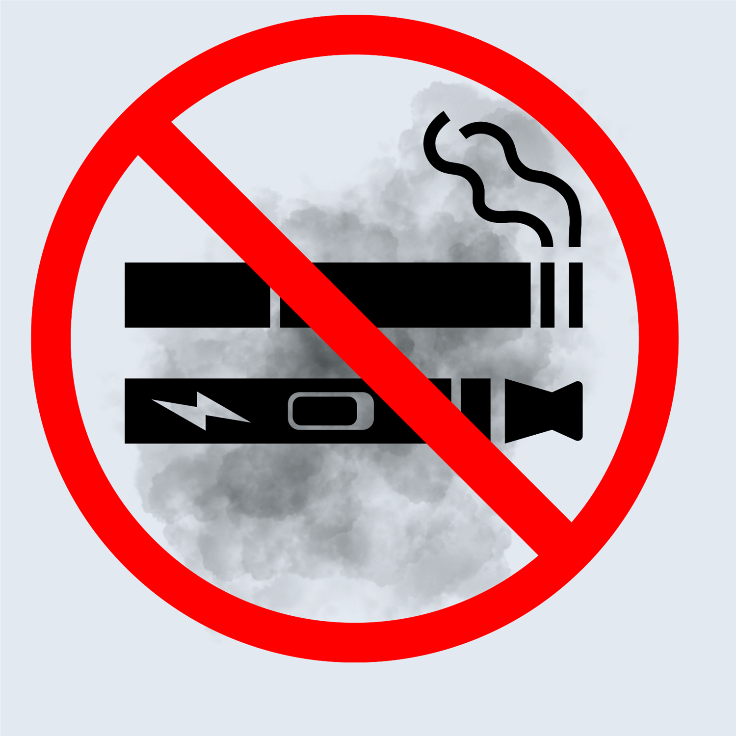  Vaping pens crossed out and surrounded by gray smoke 