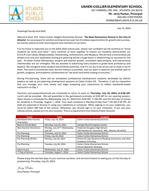 2024-2025 Welcome Back Letter