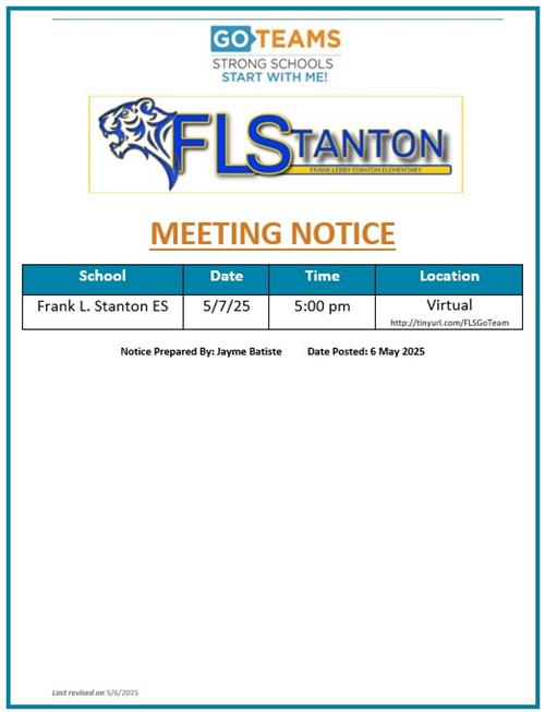 Join us on May 7, 2025 at 5pm for our GO Team meeting. This meeting will be virtual and not allow for public comment.   Navigate to http://tinyurl.com/FLSGoTeam to view the meeting.