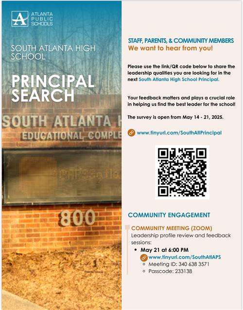 South Atlanta HS Principal Search.  Scan the QR Code for more information.