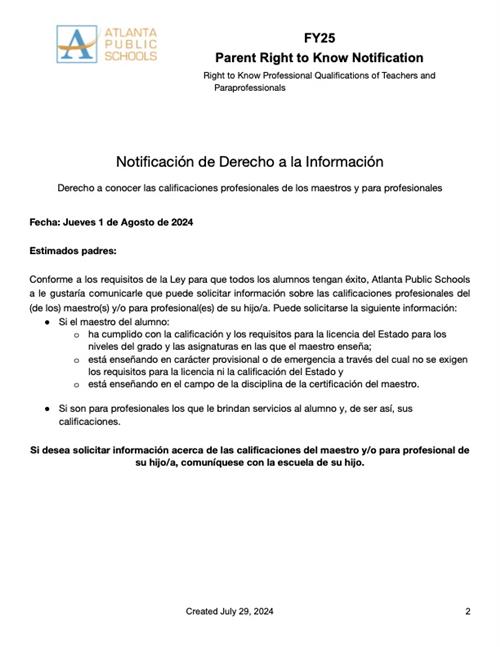 Parent Right to Know Notification - Spanish