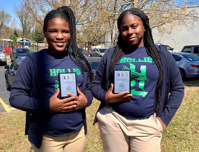 Hollis Innovation Academy students with Impact Awards 
