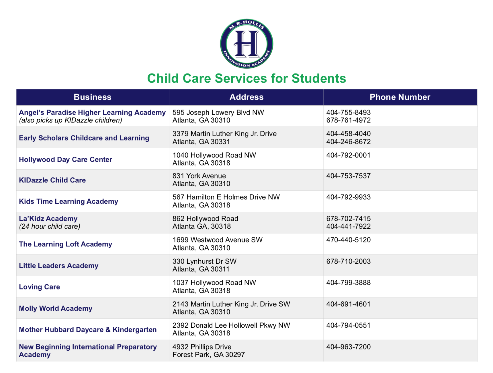 image for list of child care services