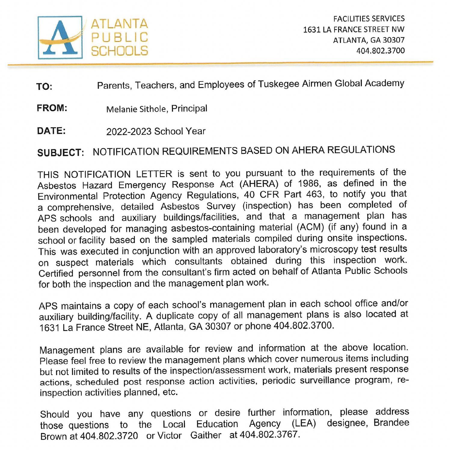  AHERA letter for the 2022-2023 school year